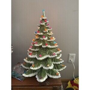 Vintage Atlantic Mold 20” Ceramic Christmas Tree Snow Flocked Lighted Birds 18”W